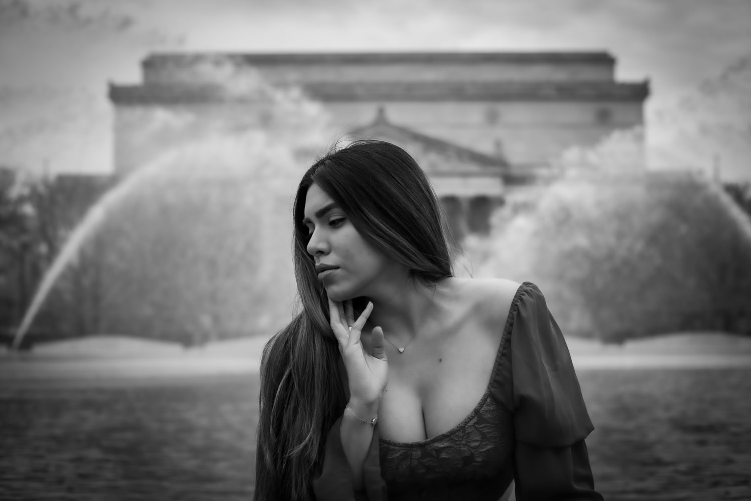 Ethvelyn Lovera near a fountain